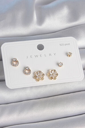 Pirinç Gold Renk Zirkon Taşlı Kar Tanesi Model 925 Ayar Gümüş Çivi Kadın Küpe Seti - TJ-BKP10482