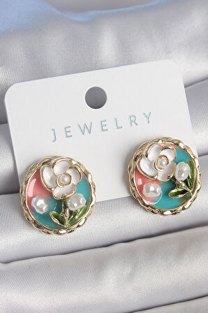 Pirinç Gold Renk Mix Renk Mineli İncili Çiçek İşlemeli Portre Model Kadın Küpe - TJ-BKP10502