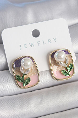 Pirinç Gold Renk Mix Renk Mineli İncili Çiçek Model Portre Model Kadın Küpe - TJ-BKP10505