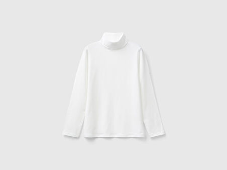 Kız Çocuk Ekru Balıkçı Yaka Basic T-Shirt