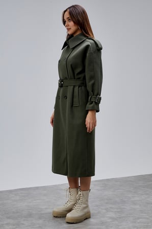 Haki Kuşaklı Oversize Kaşe Kaban 44577 