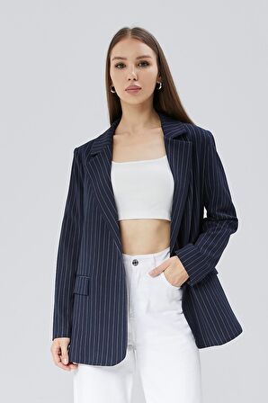 Kadın Astarlı Regular Çizgili Blazer Ceket