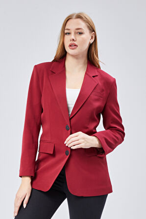 Bordo Kadın Düğmeli Oversize Blazer Ceket