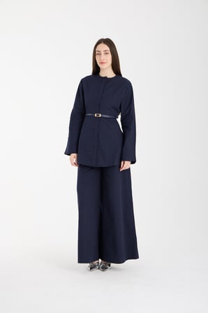 Lacivert Premium Kemerli Bluz ve Pantolon Takım