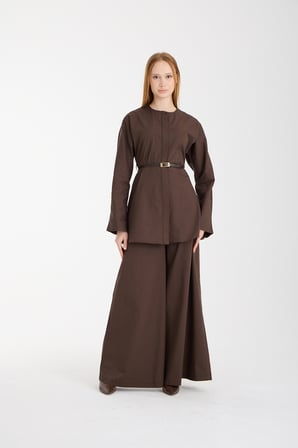 Acı Kahve Premium Kemerli Bluz ve Pantolon Takım