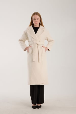 Ekru Buklet Kaşe Oversize Kaban 