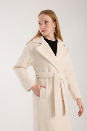 Ekru Buklet Kaşe Oversize Kaban 