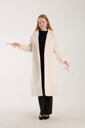 Ekru Buklet Kaşe Oversize Kaban 