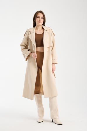 Bej Oversize Kruvaze Kapama Rüzgarlık Detaylı Trençkot 44956