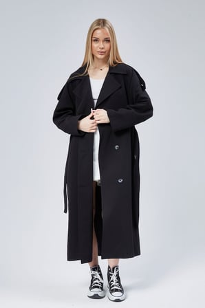 Siyah Oversize Astarlı Uzun Trençkot