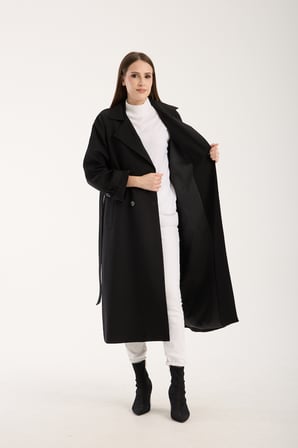 Siyah Kemerli Oversize Astarlı Trençkot 46159
