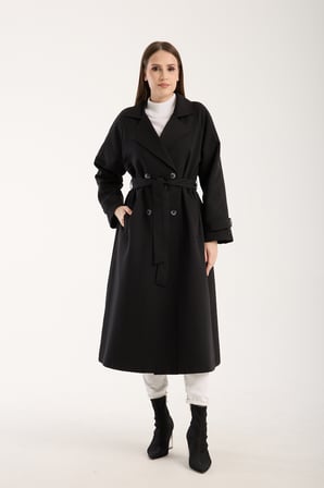 Siyah Kemerli Oversize Astarlı Trençkot 46159