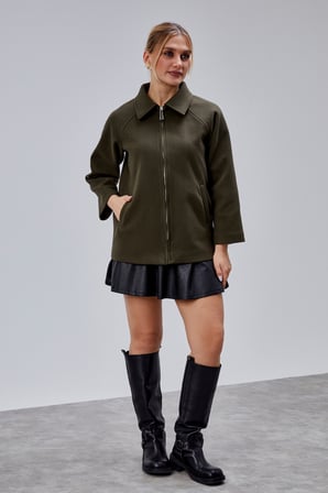 Haki Oversize Fermuarlı Kaşe Ceket