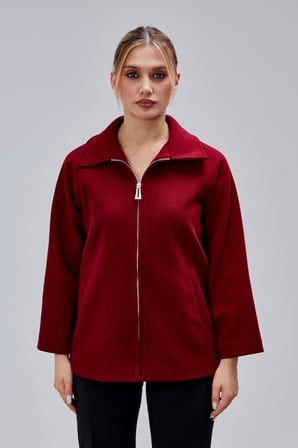 Bordo Oversize Fermuarlı Kaşe Ceket