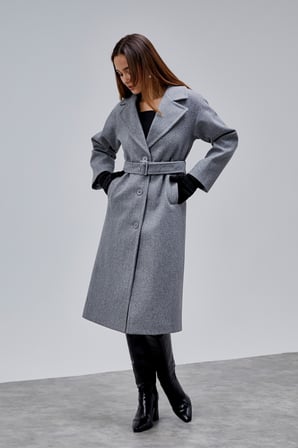 Gri Premium Oversize Kemerli Kaşe Kaban