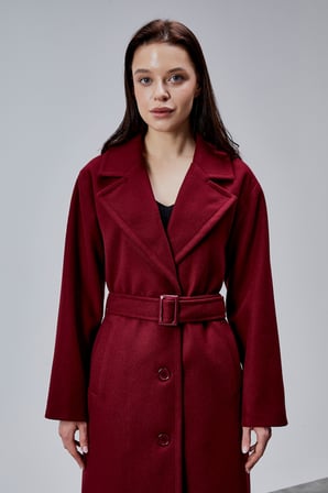 Bordo Premium Oversize Kemerli Kaşe Kaban
