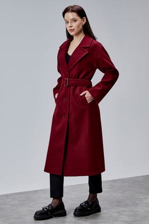 Bordo Premium Oversize Kemerli Kaşe Kaban