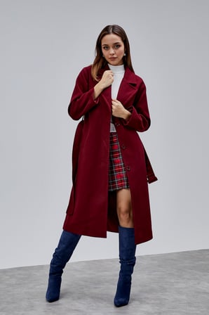 Bordo Premium Oversize Kemerli Kaşe Kaban