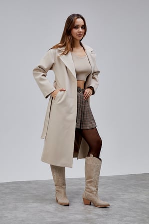 Bej Premium Oversize Kemerli Kaşe Kaban