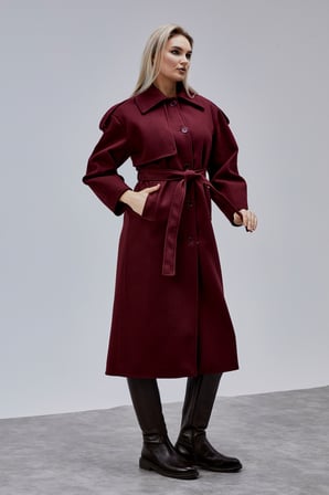 Marvella Bordo Premium Apoletli Rüzgarlık Detaylı Kaşe Kaban