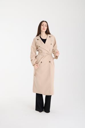 Bej Düğme Detaylı Oversize Kuşaklı Trençkot