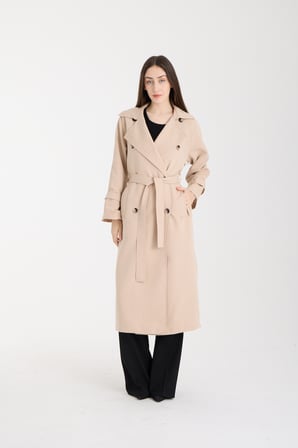 Bej Düğme Detaylı Oversize Kuşaklı Trençkot
