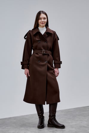 Acı Kahve Kuşaklı Oversize Kaşe Kaban 44577 