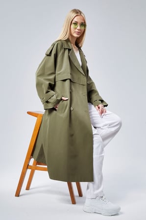 Haki Oversize Kruvaze Kapama Rüzgarlık Detaylı Trençkot 44956