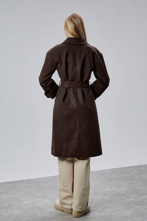 Acı Kahve Kuşaklı Oversize Kaşe Kaban