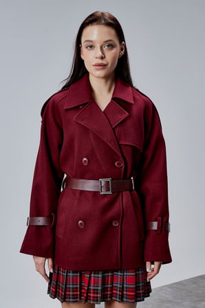 Lina Bordo Regular Fit Premium Kemerli Kaşe Ceket