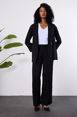 Siyah Regular Beli Lastikli Salaş Pantolon