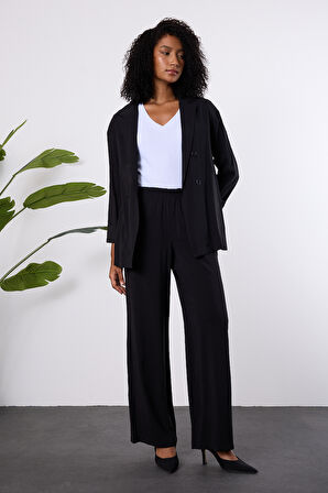 Siyah Regular Beli Lastikli Salaş Pantolon