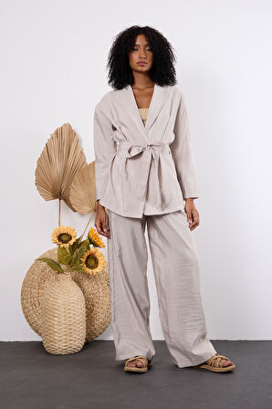 Açık Gri Oversize Kimono Takım