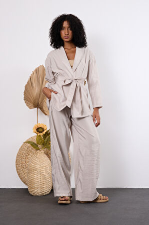 Açık Gri Oversize Kimono Takım