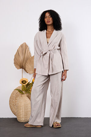 Açık Gri Oversize Kimono Takım