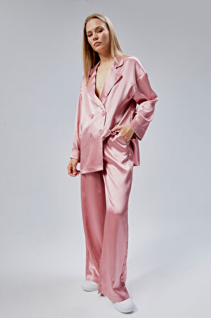 Pembe Oversize Saten Takım