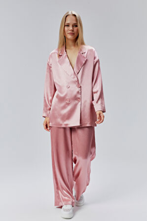 Pembe Oversize Saten Takım