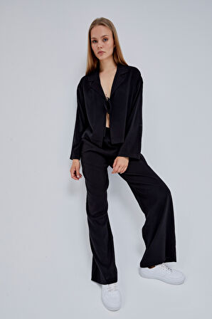 Siyah Beli Lastikli Bol Paça Pantolon