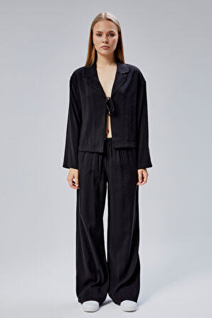 Siyah Beli Lastikli Bol Paça Pantolon