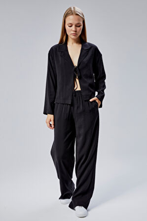 Siyah Beli Lastikli Bol Paça Pantolon