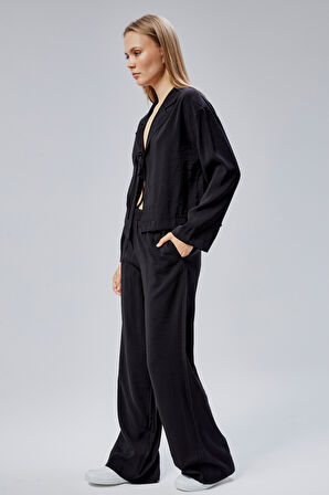 Siyah Beli Lastikli Bol Paça Pantolon