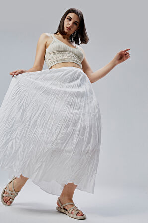 Beyaz Krinkıl Beli Lastikli Vual Etek 