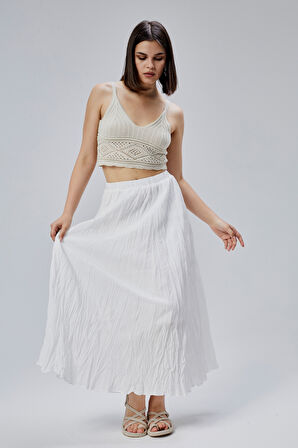 Beyaz Krinkıl Beli Lastikli Vual Etek 