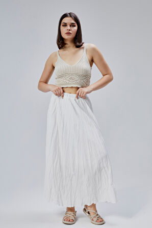 Beyaz Krinkıl Beli Lastikli Vual Etek 