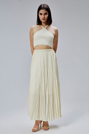 Sarı Krinkıl Beli Lastikli Vual Etek 