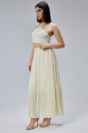 Sarı Krinkıl Beli Lastikli Vual Etek 