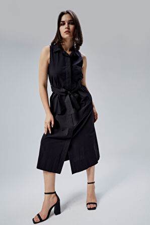 Siyah Regular Fit Kuşak Kemerli Elbise