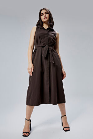Kahverengi Regular Fit Kuşak Kemerli Elbise