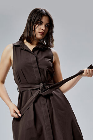 Kahverengi Regular Fit Kuşak Kemerli Elbise