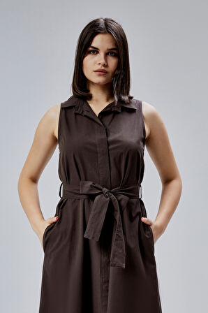 Kahverengi Regular Fit Kuşak Kemerli Elbise